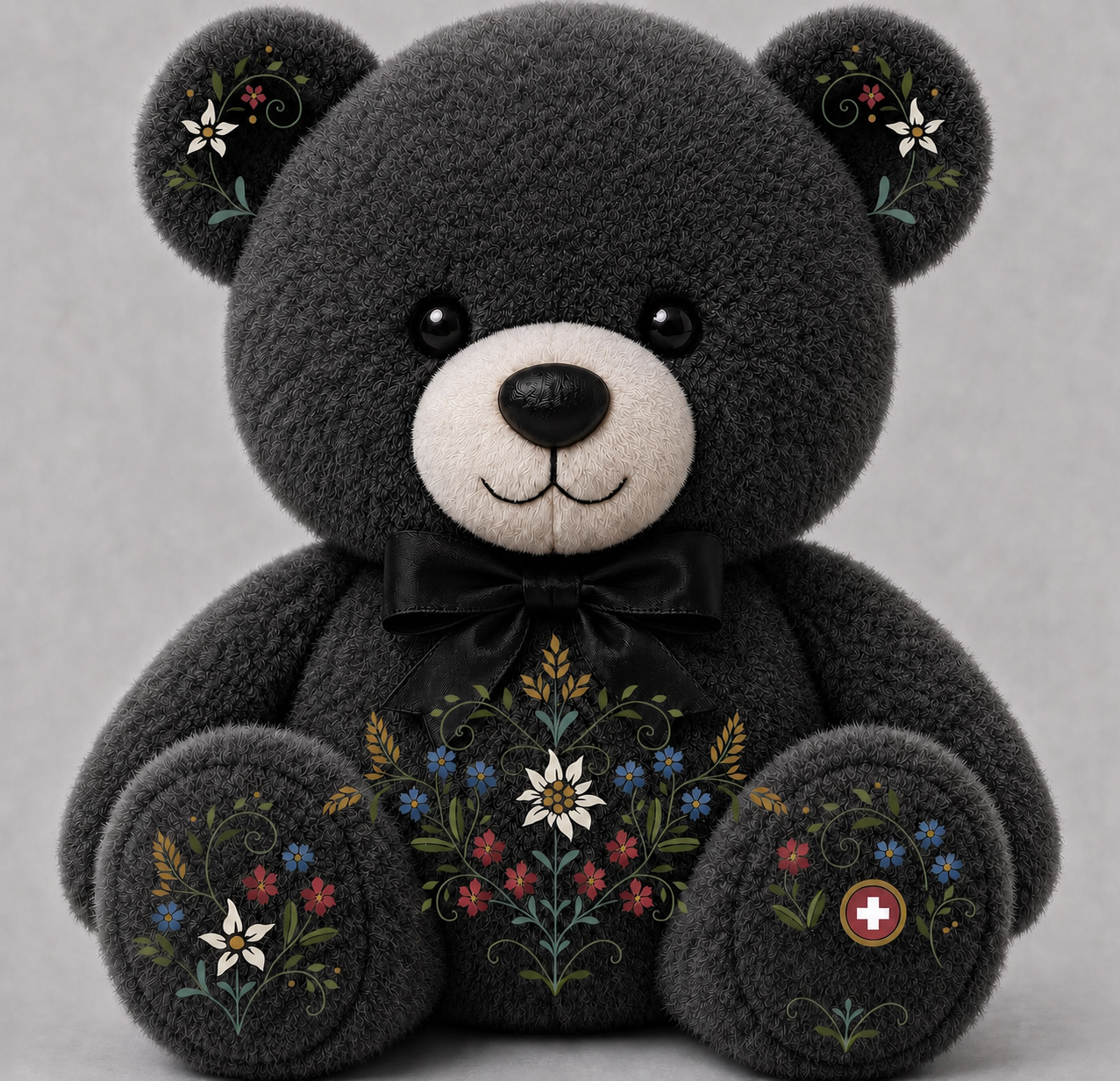 Dunkelgrauer MAËLITH Teddybär mit Schweizer Blumenstickerei